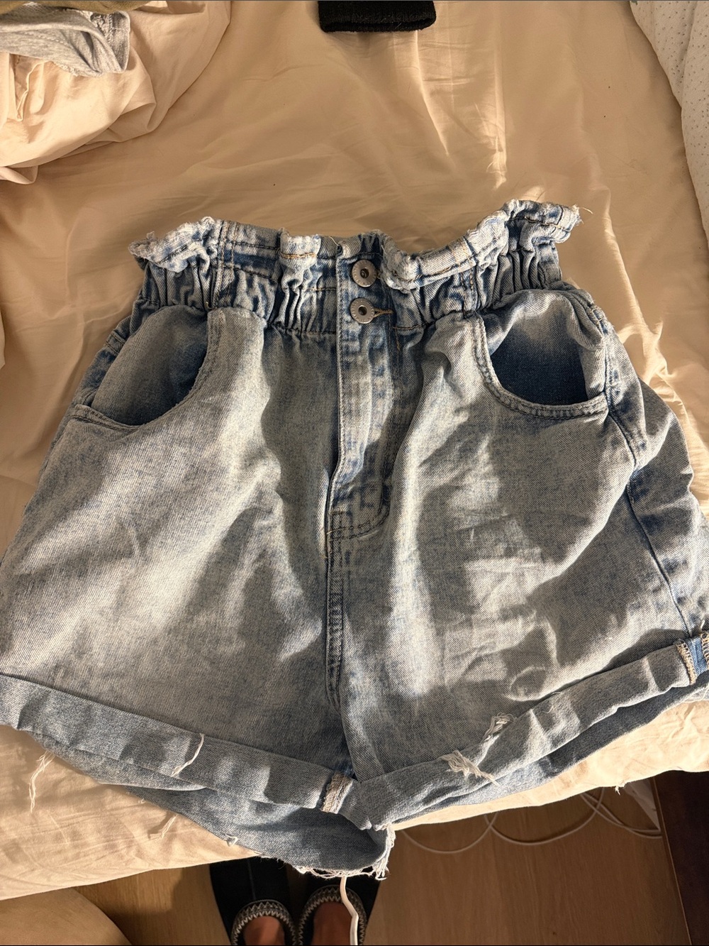 Cotton On Light Blue High-Waist Paperbag Jean Shorts